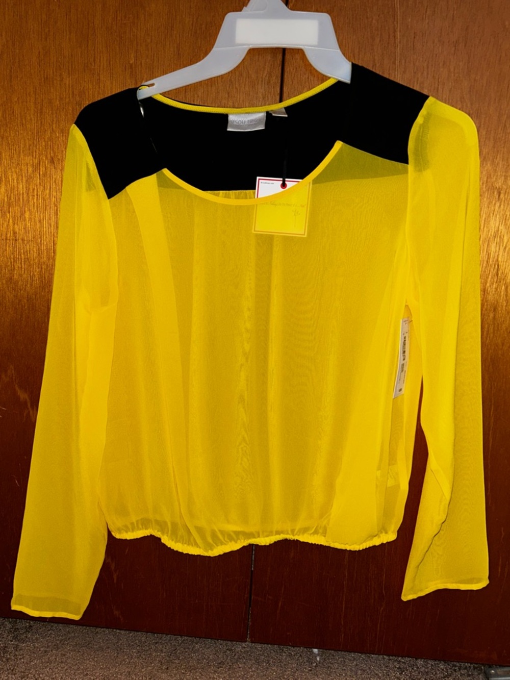 Bisou Bisou Yellow Sheer Long-Sleeve Blouse with Black Yoke